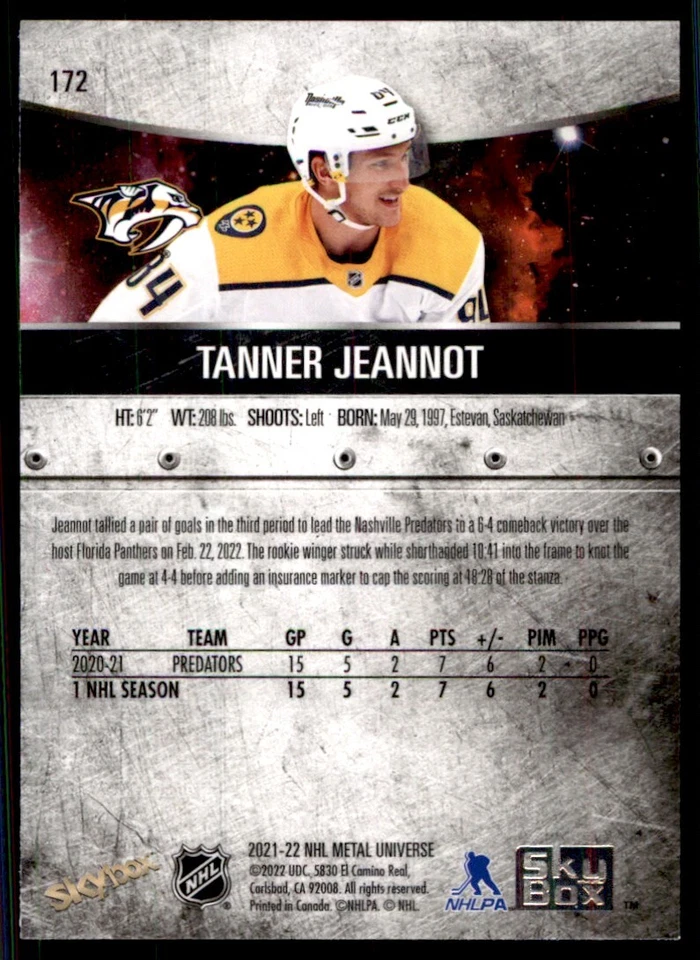 2021-22 Skybox Metal Universe Tanner Jeannot RC Nashville Predators #172 - Image 2 of 2