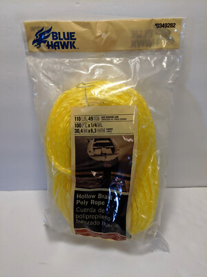 #ad Blue Hawk 100’ X 1 4” Yellow Hollow Braid Poly Rope NIP $12.50