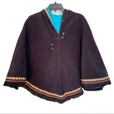 Mudd Reversible Hooded Poncho Fleece/nylon Black/blue Tribal Trim Fringe