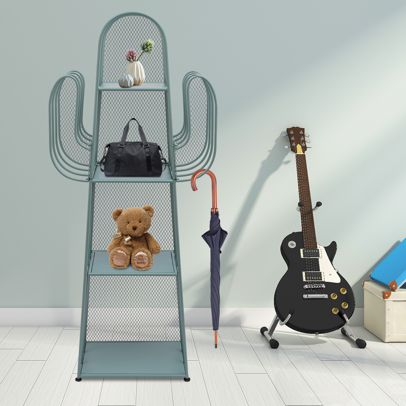 4-Tier Green Cactus Bookcase Freestanding Storage Organizer