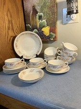 23pc Paden City Pottery, 7 cups & Saucers + More! Tan Pink Scrolls, Floral Spray