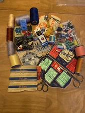 Vintage Mixed Lot Of Seeing Items, Needles, Thread, Scissors, Etc.