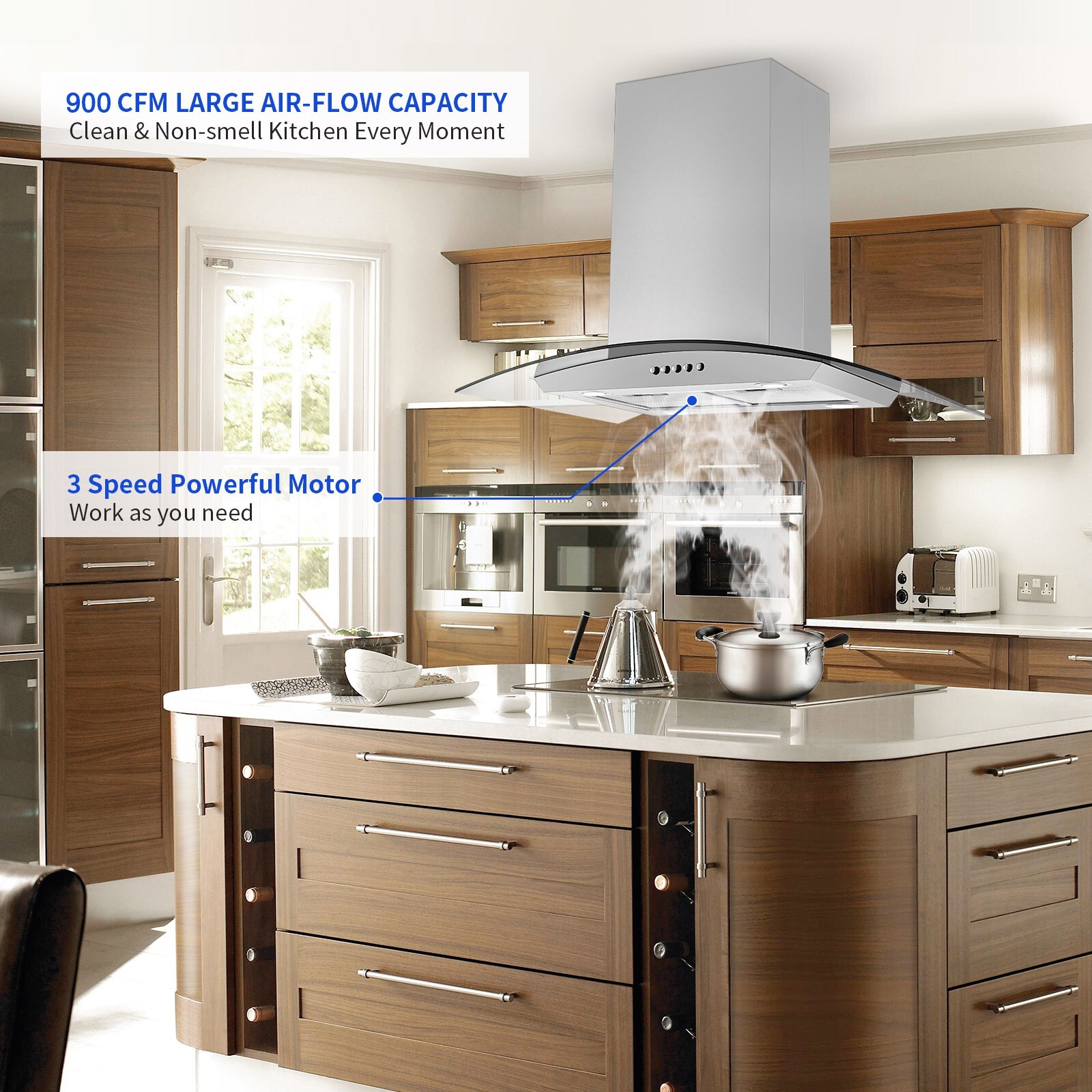 30" Glass Island Range Hood 900CFM Kitchen Stainless Steel Vent 3Speed