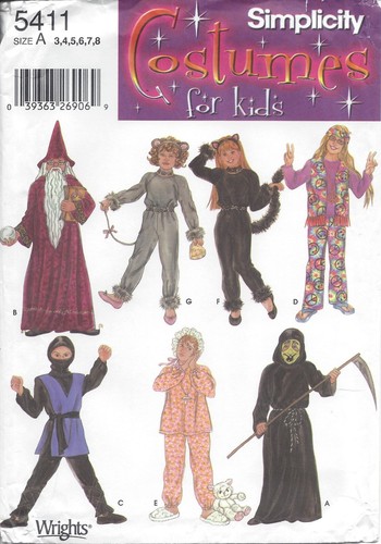 Simplicity 5411 Kids Costume Pattern ~ Wizard~Lion~Cat~Hippie~Ninja - Sz 3 - 8 - 第 1/2 張圖片