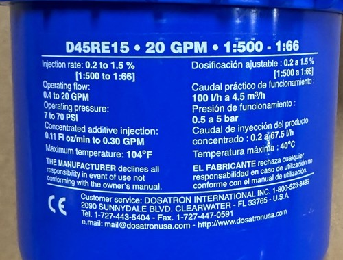 Bomba dosificadora Dosatron D45RE15 PVDF, 0,4-20 GPM, 1:500-1:66, 7-70 psi, 104 ° F #3 - Imagen 6 de 7