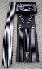 Tuxedo Diagonal Black Stripes Adj Strap Bow tie,2" W Neck tie &Y-Back Suspenders