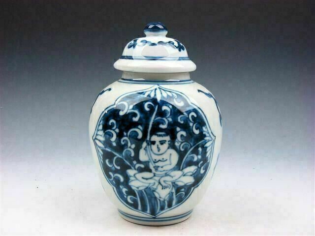 Blue&White Glazed Porcelain Baby Boy Holding Lotus Painted Ginger Jar #01052211
