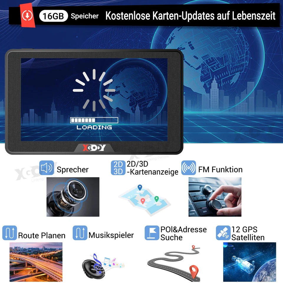 XGODY Navigationsgerät für Auto 2025 Bluetooth LKW PKW GPS 7 Zoll Navi TypeC MP3 - Bild 4 von 4