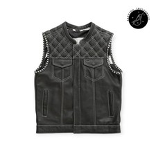 Men's Club Black Diamond Quilted Leather Biker Vest Concealed Carry USA Flag SOA