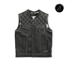 Men's Club Black Diamond Quilted Leather Biker Vest Concealed Carry USA Flag SOA