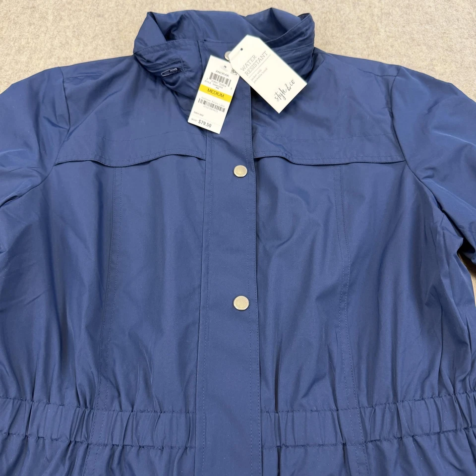 Style & Co Anorak Jacket Womens Medium Blue Ink Water Resistant Hooded Raincoat - Image 3 of 4
