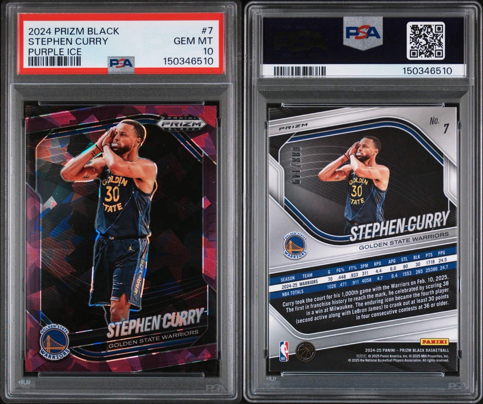 ✅ 2024-25 Panini Purple Ice Prizm Black Stephen Curry " Night Night" /149 PSA 10 view 3