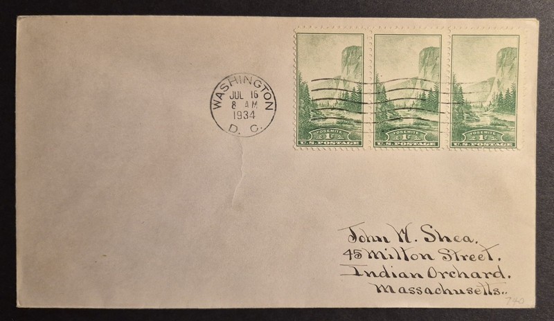 1934 First Day Of Issue FDC Strip Of 3 US Scott 740 Yosemite National Park Cover