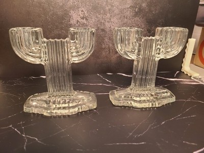 2 Anchor Hocking Queen Mary Double Candle Holder Art Deco Manhattan Cactus Style