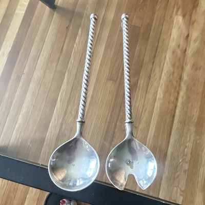2pc Stainless Steel Silver Twisted Handle Serving Spoon & Fork Set 12 in