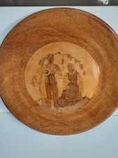 Vintage Latvian Wooden Wall Plate by E Roze Marquetry Inlay Folk Art Costume 