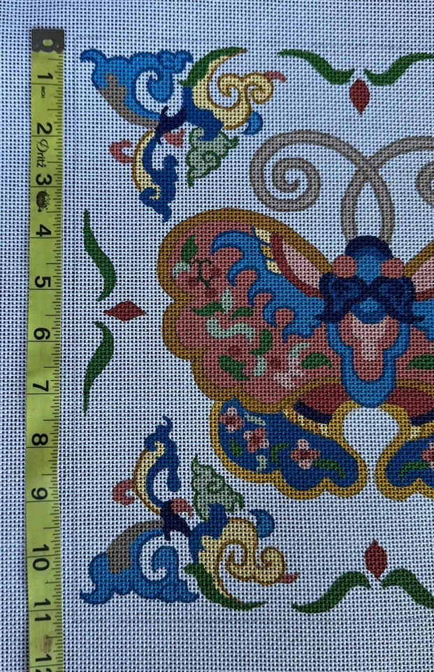 Cloisonne Butterfly Handpainted Canvas 11" Square Pillow Needlepoint Julie Mar - Image 3 of 4