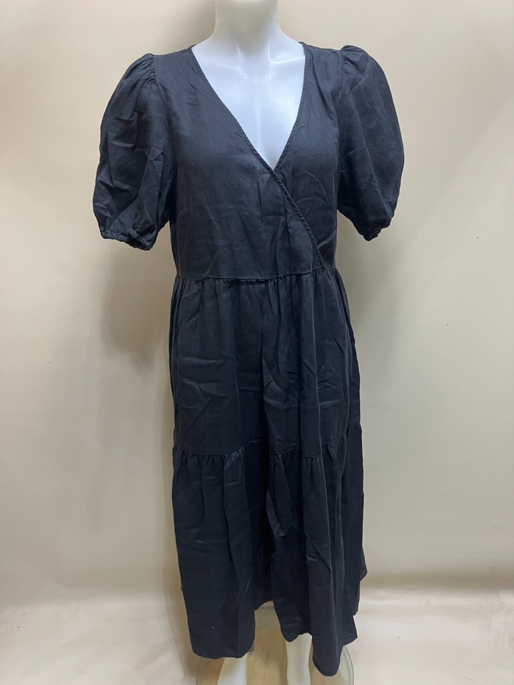 Seed Heritage Black Midi Wrap Dress Size 12 Puff Sleeve V-Neck Tiered Style