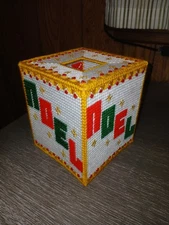 Noel w/White Background Tissue Box Cover, Plastic Canvas