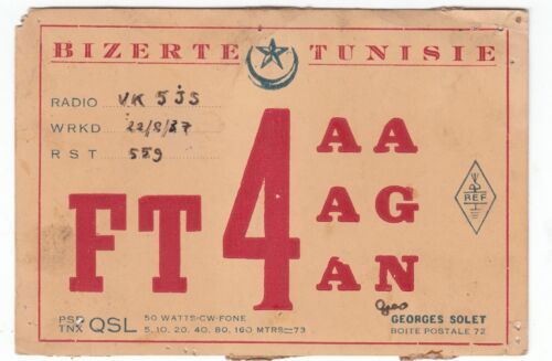 Amatuer Radio DX QSL CARD Bizerte Tunisia FT4AA to VK5JS South Australia 1938 - Picture 1 of 2