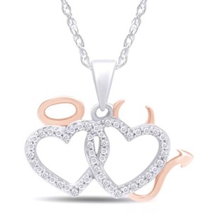 Authentic 1/10Ct Real Diamond Angel & Devil Hearts Pendant Necklace 14K Gold Plated Silver