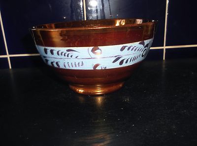 VINTAGE KUPFER GLANZ GROSSE ZUCKER-/TEESCHALEN SCHALE BLAU HANDBEMALT ROSA BAND