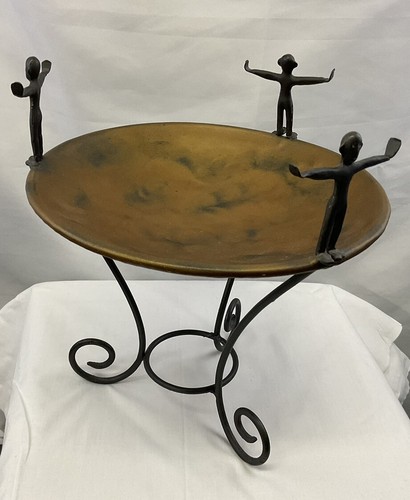 Brutalist Style Hammered Metal Centerpiece Bowl with 3 Welded Figures 13"T x 9"D - Picture 5 of 11