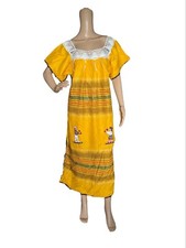 Vintage Mexican Embroidered Yellow Patio Boho Ethnic Peasant Dress
