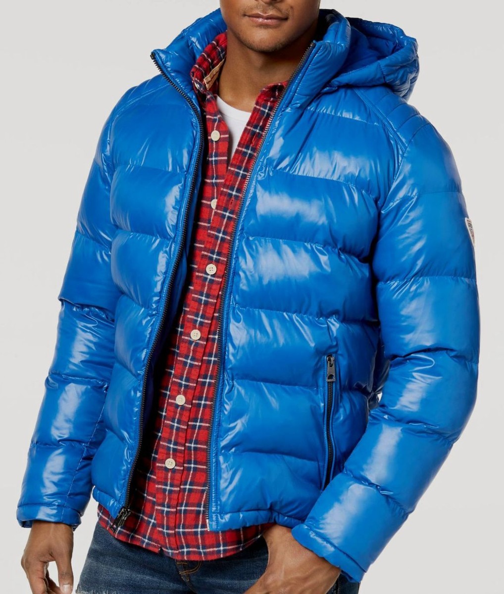 $226 Guess Men Blue Hooded Puffer Water/Wind-Resistant Bomber