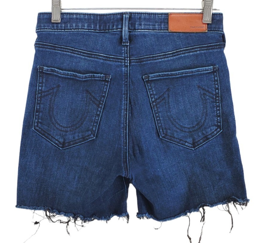 True Religion Jean Shorts Ws 28 (27) Mid Rise Dark Blue Halle Cut-Off Raw Hem 5” thumbnail 5