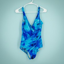 MiracleSuit Size Medium One Piece Blue Watercolor Print Wrap Shelf Bra Swimsuit