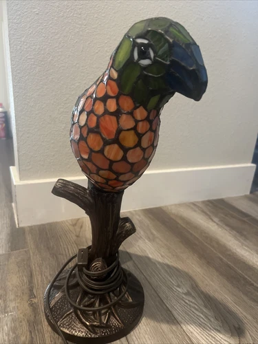 Vtg RARE Tiffany Style Stained Glass Parrot Bird Lamp Multi Color