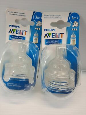 2 Packs Of 2 Clear Philips AVENT Anti-Colic Nipple, Medium Flow 3+ Months 