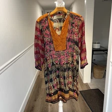 Embroidered Tunic Boho Artsy Sheer Shimmer Blouse Top Fall Global Travel Floral