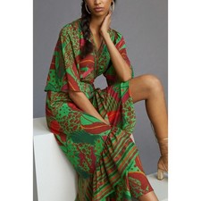 Farm Rio Flutter Sleeve Maxi Wrap Dress Sz XS Green Tropical Ruffle Hem Coastal