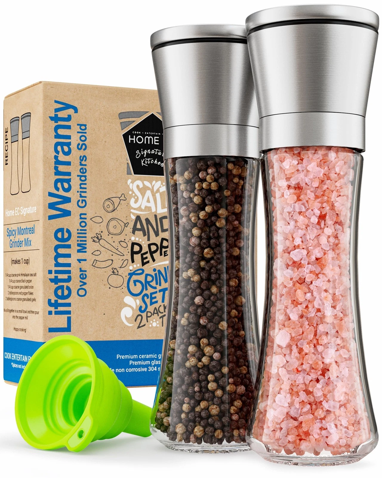 Home EC Premium Stainless Steel Sea Salt and Pepper Grinder 2pk, Clear Glass
