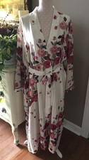 Vtg California Dynasty Robe Satin Kimono Ivory Roses Sheer Sleeves Women Large