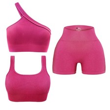 Women's 3 Piece Seamless Ribbed Yoga Set - Bra, Top  Biker Shorts - Pink