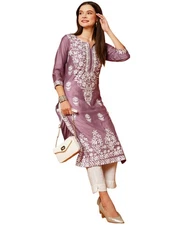 Gosriki Women'S Cotton Blend Straight Chikankari Embroidered Kurta (Chin-Purp...