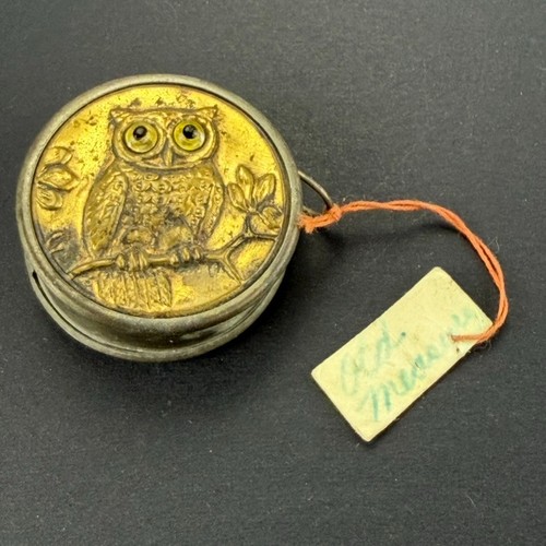 Antique German Owl Tape Measure Brass Glass Eyes Figural Sewing Tool