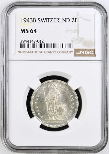 1943 B Switzerland Silver 2 Francs NGC MS64 Strong Lustre