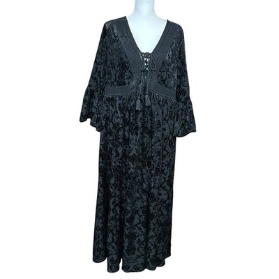 NWT Torrid Black Burnout Velvet Maxi Dress 2X Lace Up Bell Sleeve  Whimsigoth | eBay