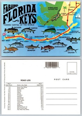 Fabulous Florida Keys Fishing Capital Map Postcard Road Log Key West Miami