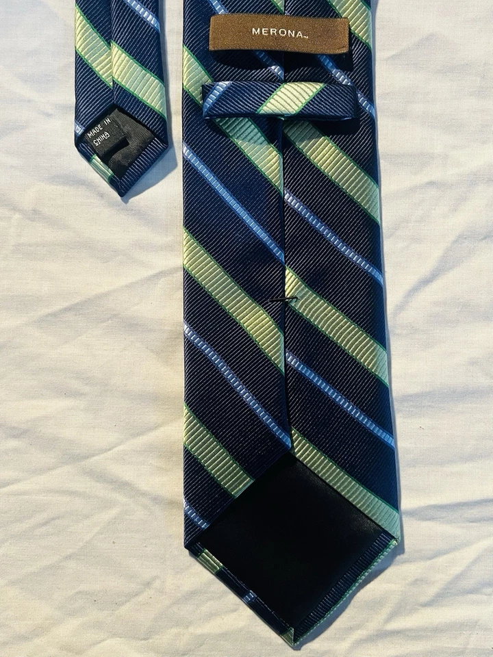 MERONA - RAYAS AZULES Y VERDES - ¡CORBATA CUELLO 100% SEDA! Foto 3 de 3