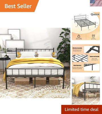 Elegant Black Queen Bed Frame with Durable Steel Slats - Victorian Vintage Style