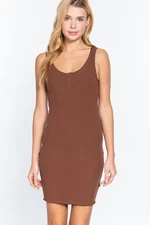 Active USA Sleeveless Double Scoop Neck Button MIni Dress Brown Medium 15903