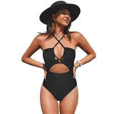 Cupshe Women's Black Tunneled Cutout One Piece Swimsuit Large