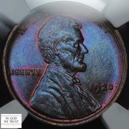 1920 Lincoln Wheat Copper Cent 1C NGC MS 63 BN (GORGEOUS BLUE/PURPLE TONING!)