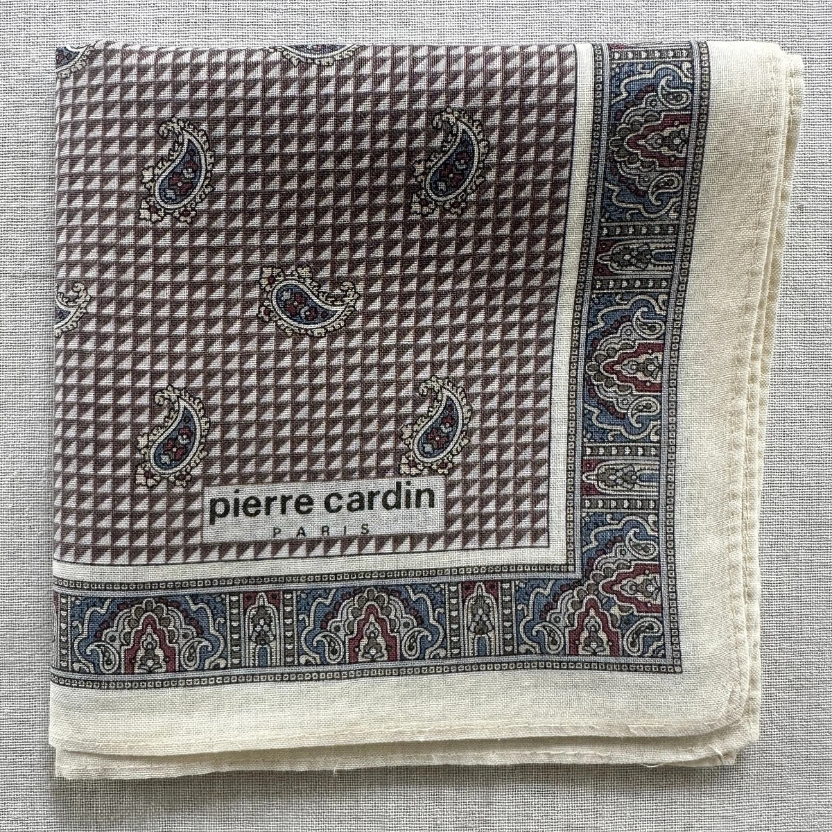VTG Handkerchief Cotton Flukes Paisley~Border Damask Pattern Pocket Square 17"~P