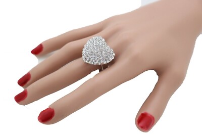 Women Silver Metal Ring Beautiful Fashion Bling Love Heart Shape Size 7.5